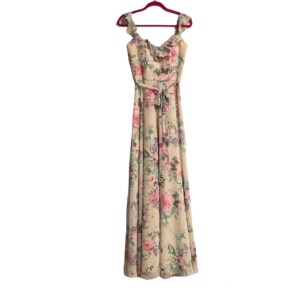 Mori Lee Floral Ruffle Neckline Maxi